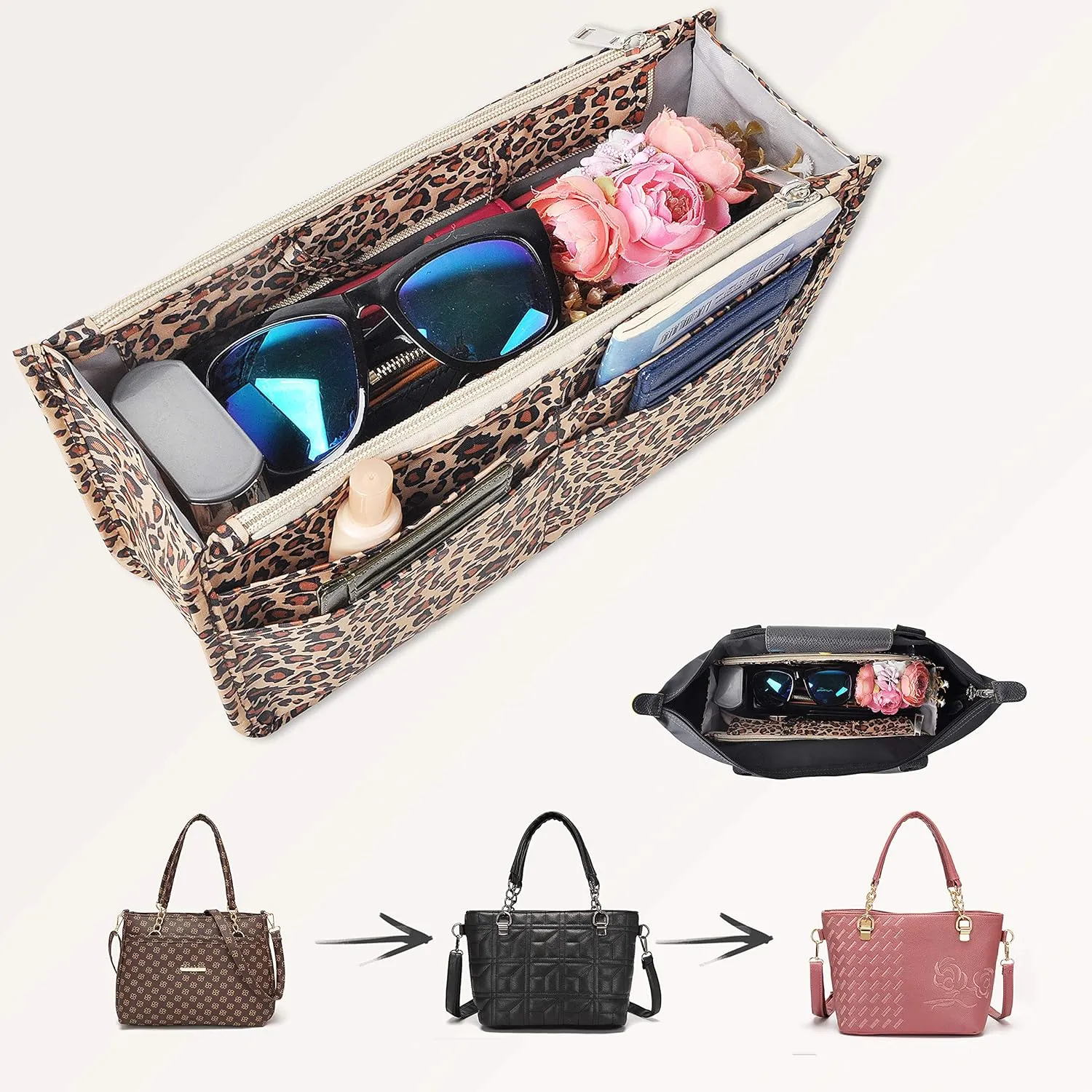 Vercord Patterned Purse Handbag Tote Pocketbook Bag Organizer Insert with Zipper Handle for Women Medium Leopard