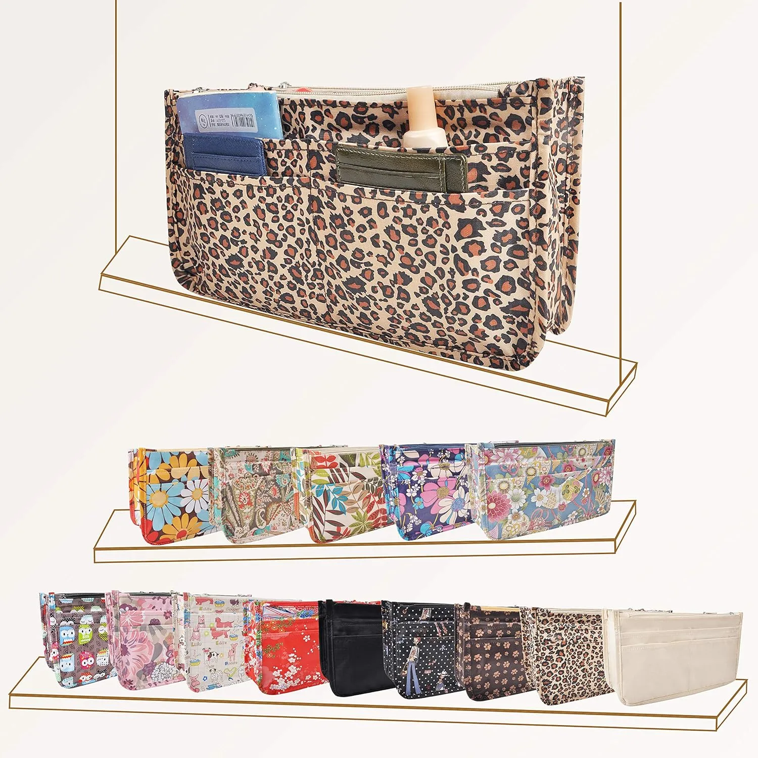Vercord Patterned Purse Handbag Tote Pocketbook Bag Organizer Insert with Zipper Handle for Women Medium Leopard