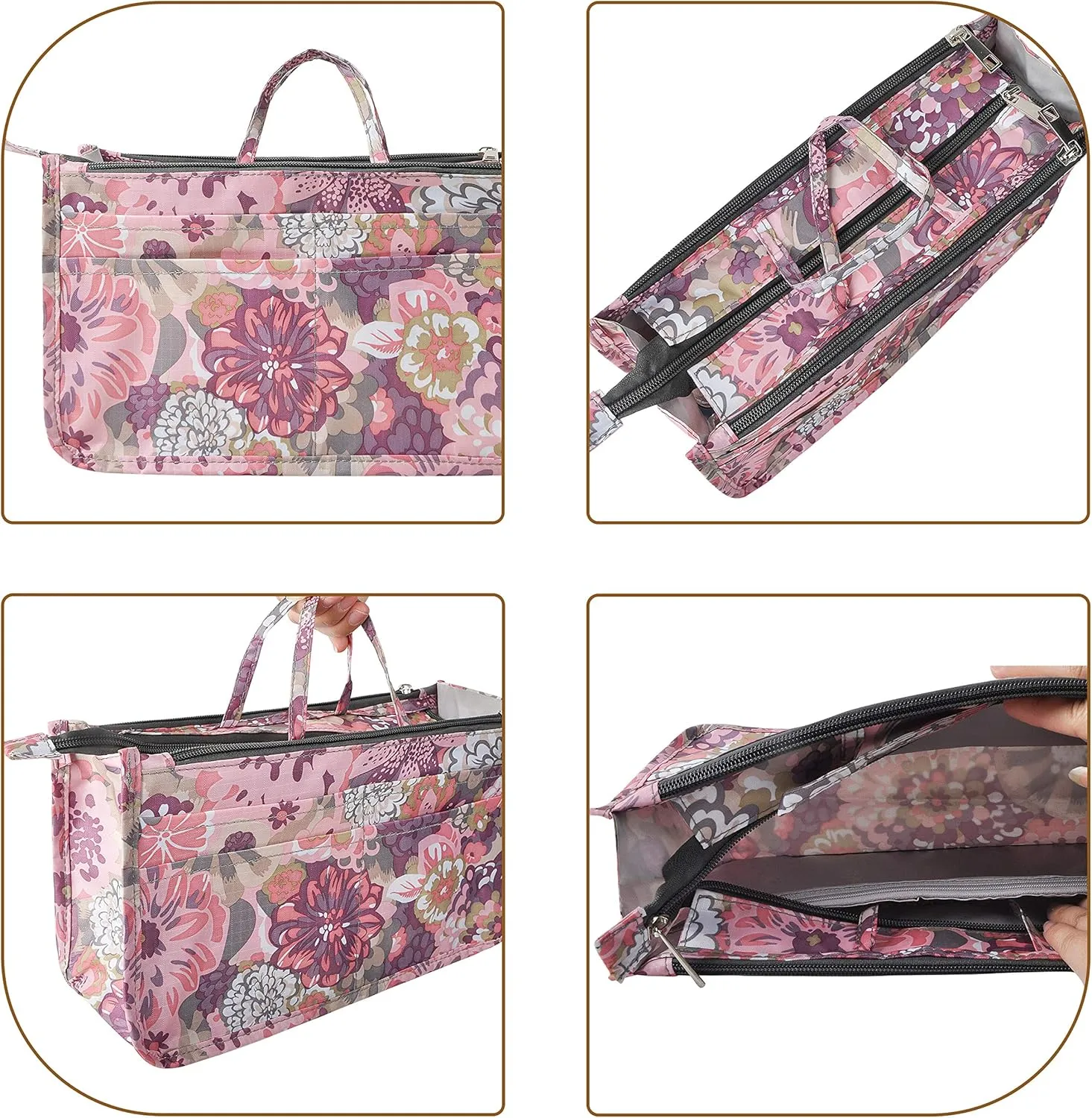 Vercord Patterned Purse Handbag Tote Pocketbook Bag Organizer Insert with Zipper Handle for Women Medium Peony