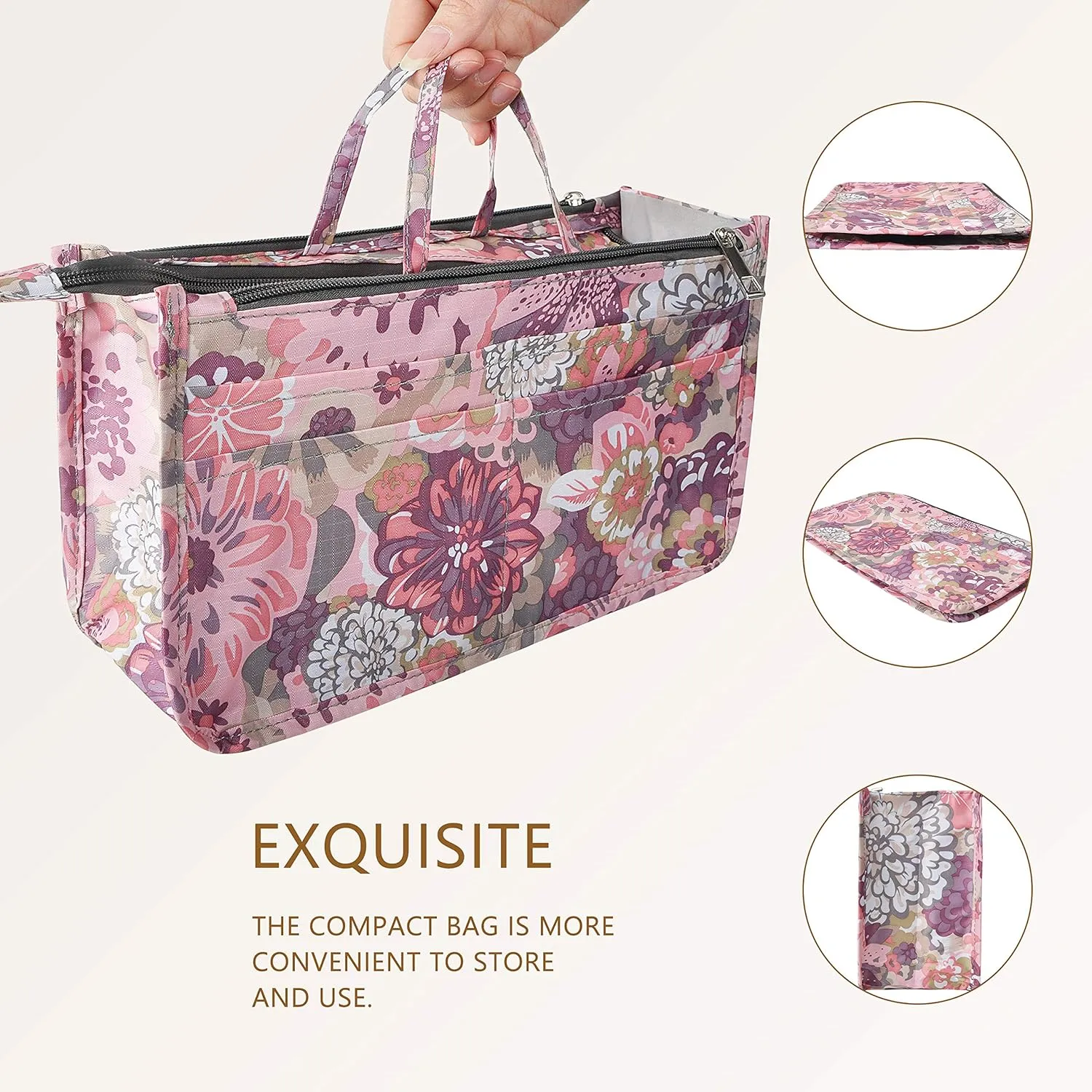 Vercord Patterned Purse Handbag Tote Pocketbook Bag Organizer Insert with Zipper Handle for Women Medium Peony