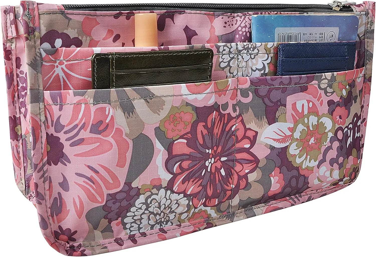 Vercord Patterned Purse Handbag Tote Pocketbook Bag Organizer Insert with Zipper Handle for Women Medium Peony