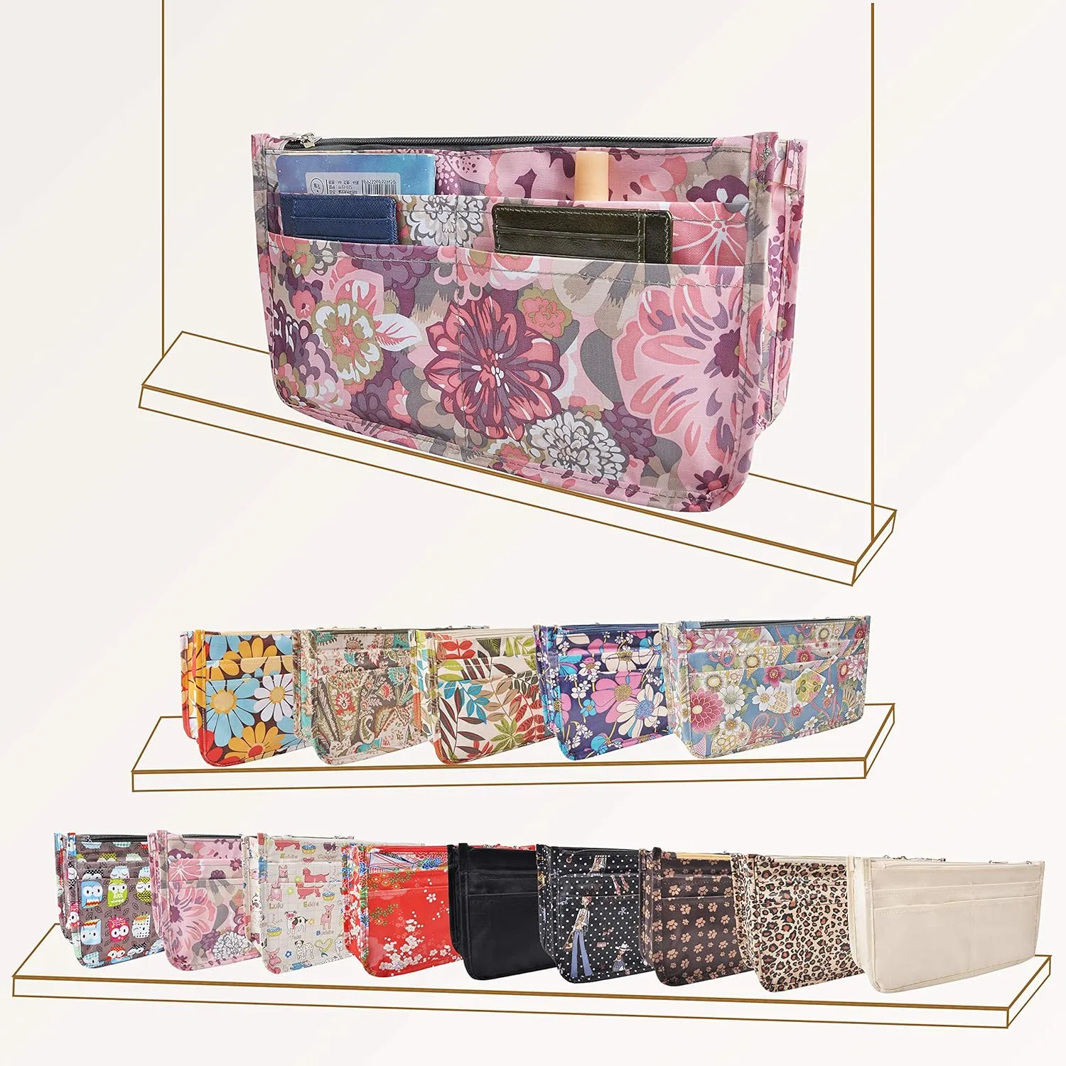 Vercord Patterned Purse Handbag Tote Pocketbook Bag Organizer Insert with Zipper Handle for Women Medium Peony