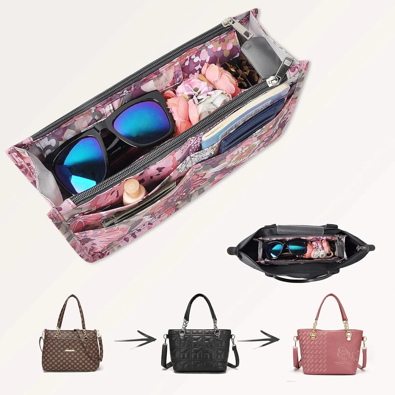 Vercord Patterned Purse Handbag Tote Pocketbook Bag Organizer Insert with Zipper Handle for Women Medium Peony