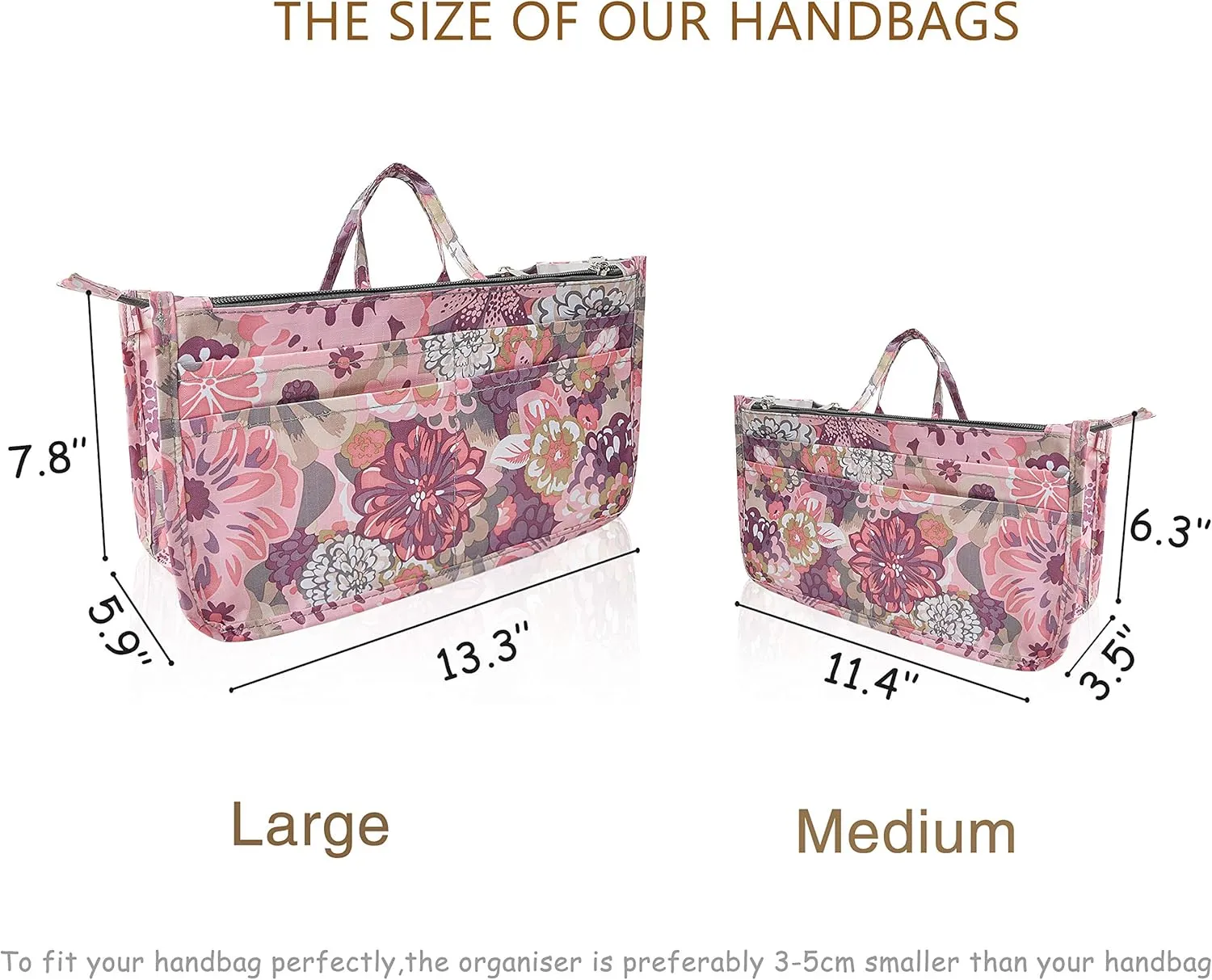 Vercord Patterned Purse Handbag Tote Pocketbook Bag Organizer Insert with Zipper Handle for Women Medium Peony