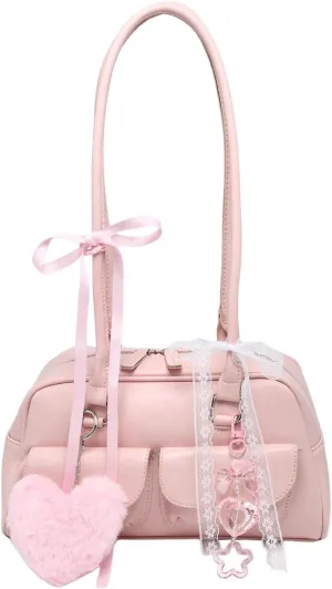 Verdusa Women's Y2K PU Leather Bow Tie and Pearl Lace Solid Shoulder Handbag