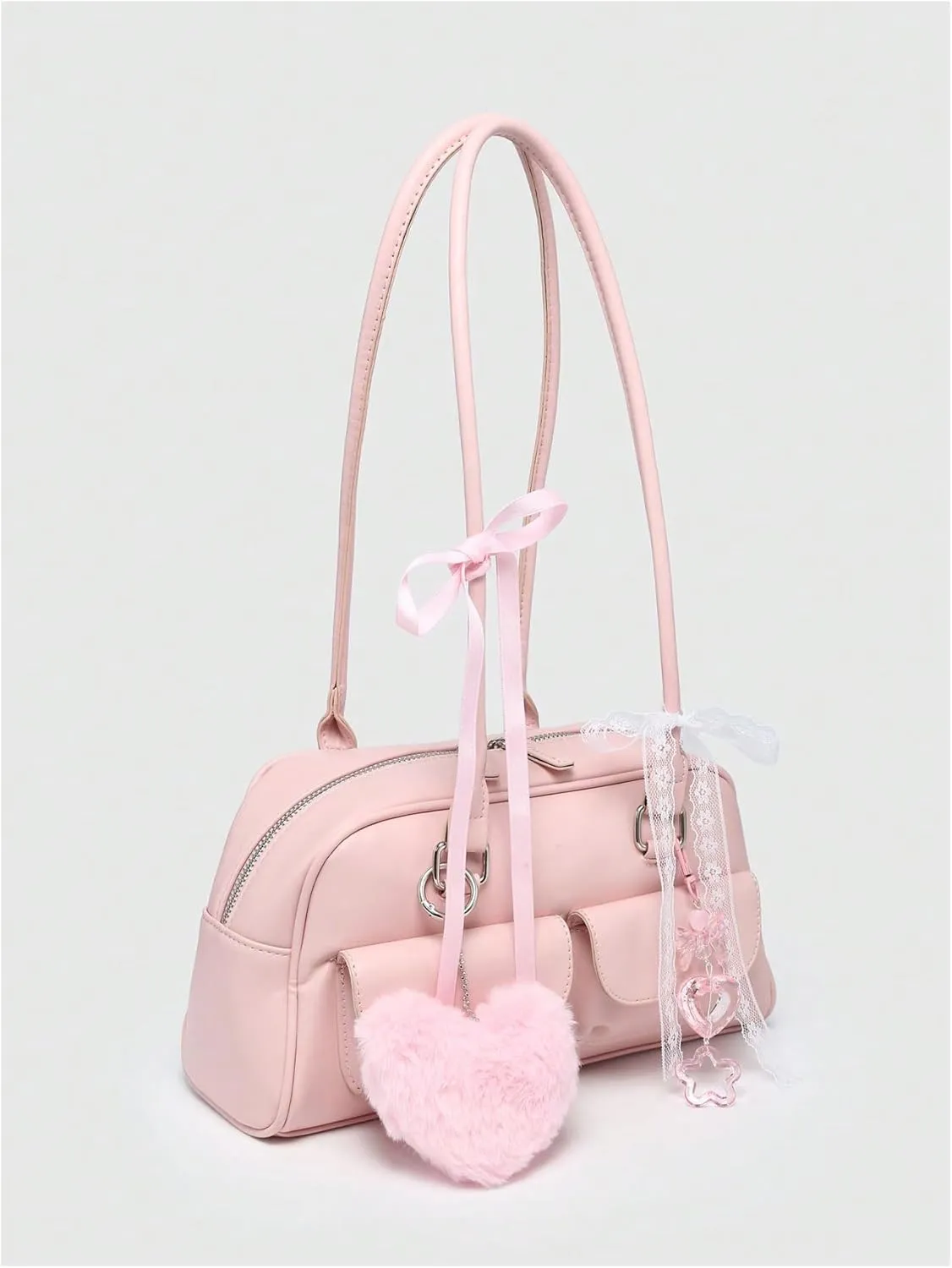 Verdusa Women's Y2K PU Leather Bow Tie and Pearl Lace Solid Shoulder Handbag