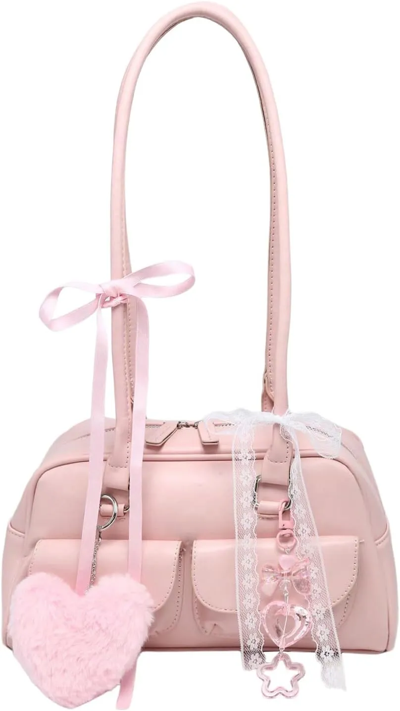 Verdusa Women's Y2K PU Leather Bow Tie and Pearl Lace Solid Shoulder Handbag