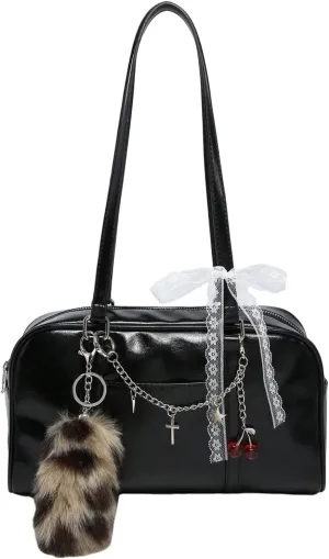 Verdusa Women's Y2K PU Leather Bow Tie and Pearl Lace Solid Shoulder Handbag