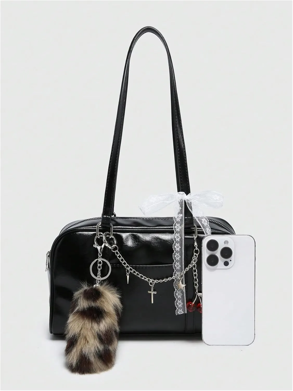 Verdusa Women's Y2K PU Leather Bow Tie and Pearl Lace Solid Shoulder Handbag