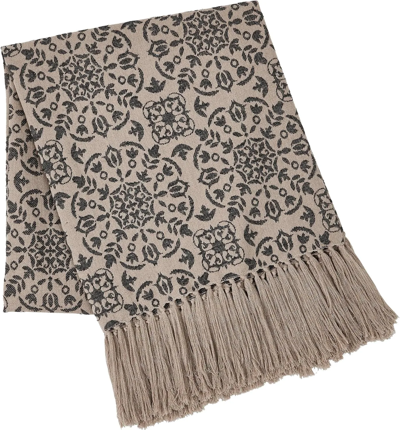 VHC Brands Custom House Black & Tan Jacquard Woven Throw 50x60, Bedroom and Living Room Decor, Blanket, Cotton, Custom House Collection, Rectangle 60x50, Natural