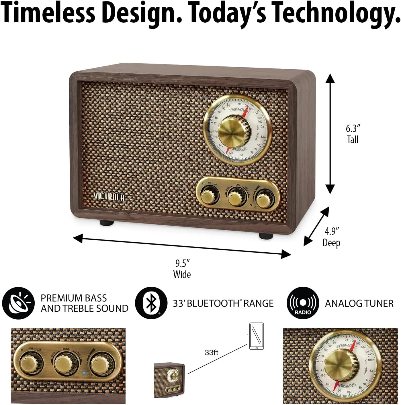 Victrola Willow Retro Wood – Bluetooth Radio with Built-in Speakers, Elegant & Vintage Design, Rotary AM/FM Tuning Dial, Bass & Treble Control, Wireless Streaming, Espresso