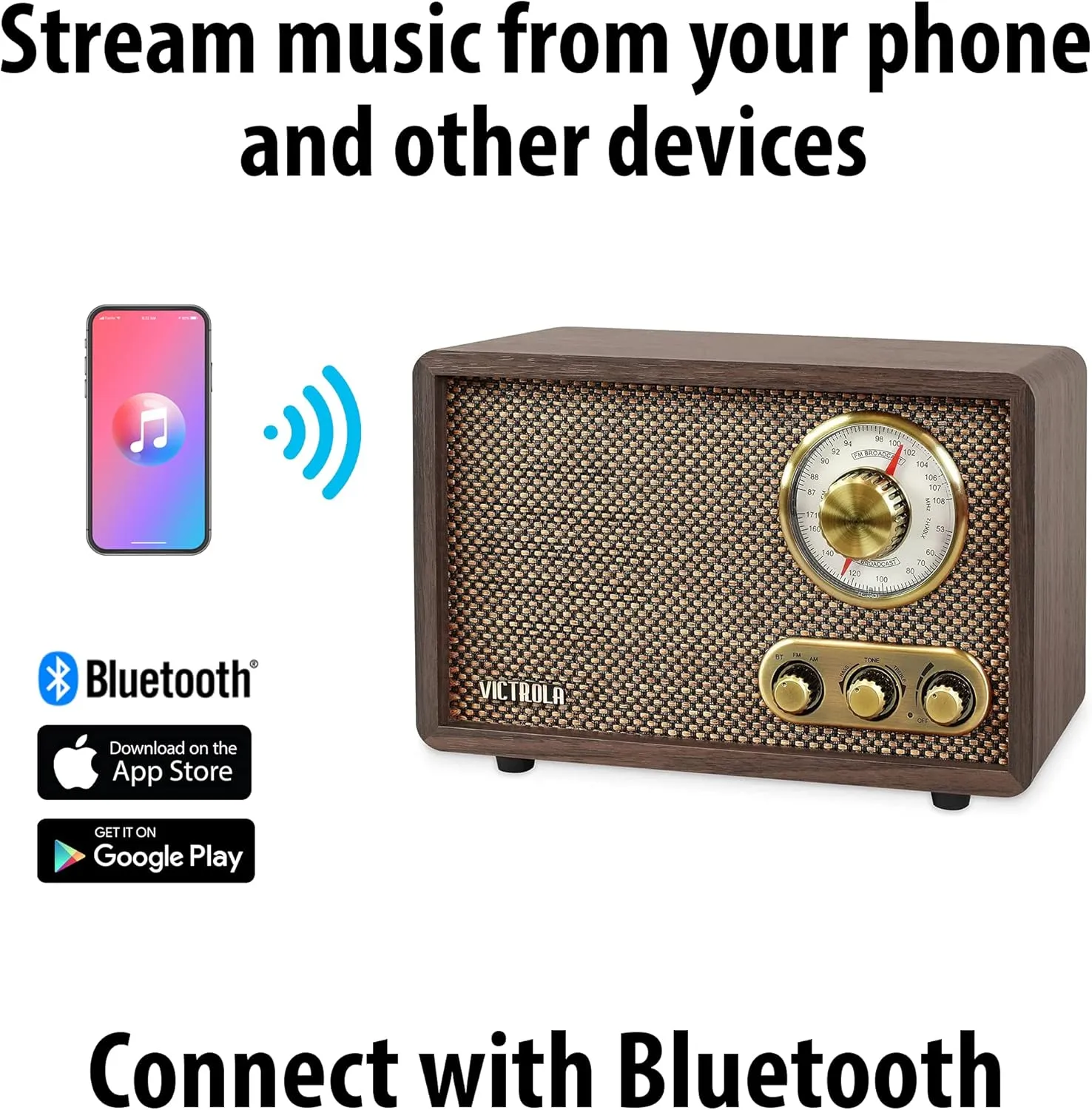 Victrola Willow Retro Wood – Bluetooth Radio with Built-in Speakers, Elegant & Vintage Design, Rotary AM/FM Tuning Dial, Bass & Treble Control, Wireless Streaming, Espresso