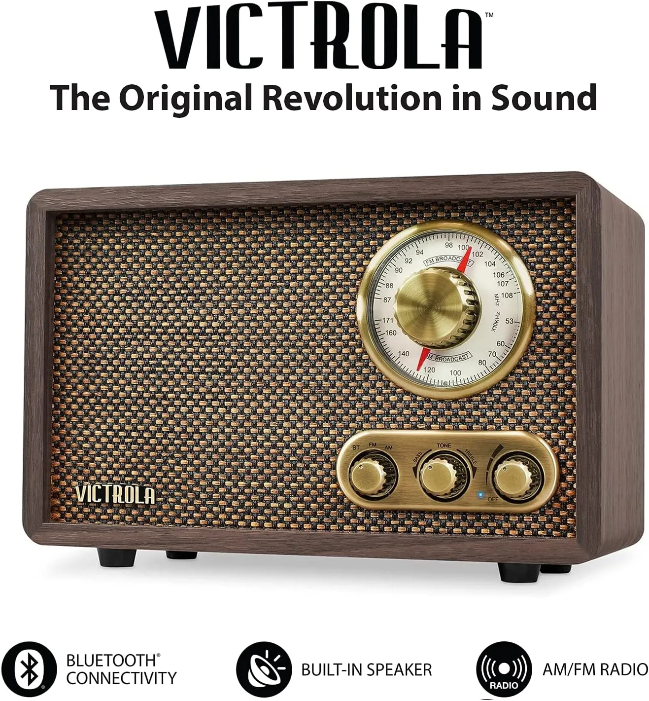 Victrola Willow Retro Wood – Bluetooth Radio with Built-in Speakers, Elegant & Vintage Design, Rotary AM/FM Tuning Dial, Bass & Treble Control, Wireless Streaming, Espresso
