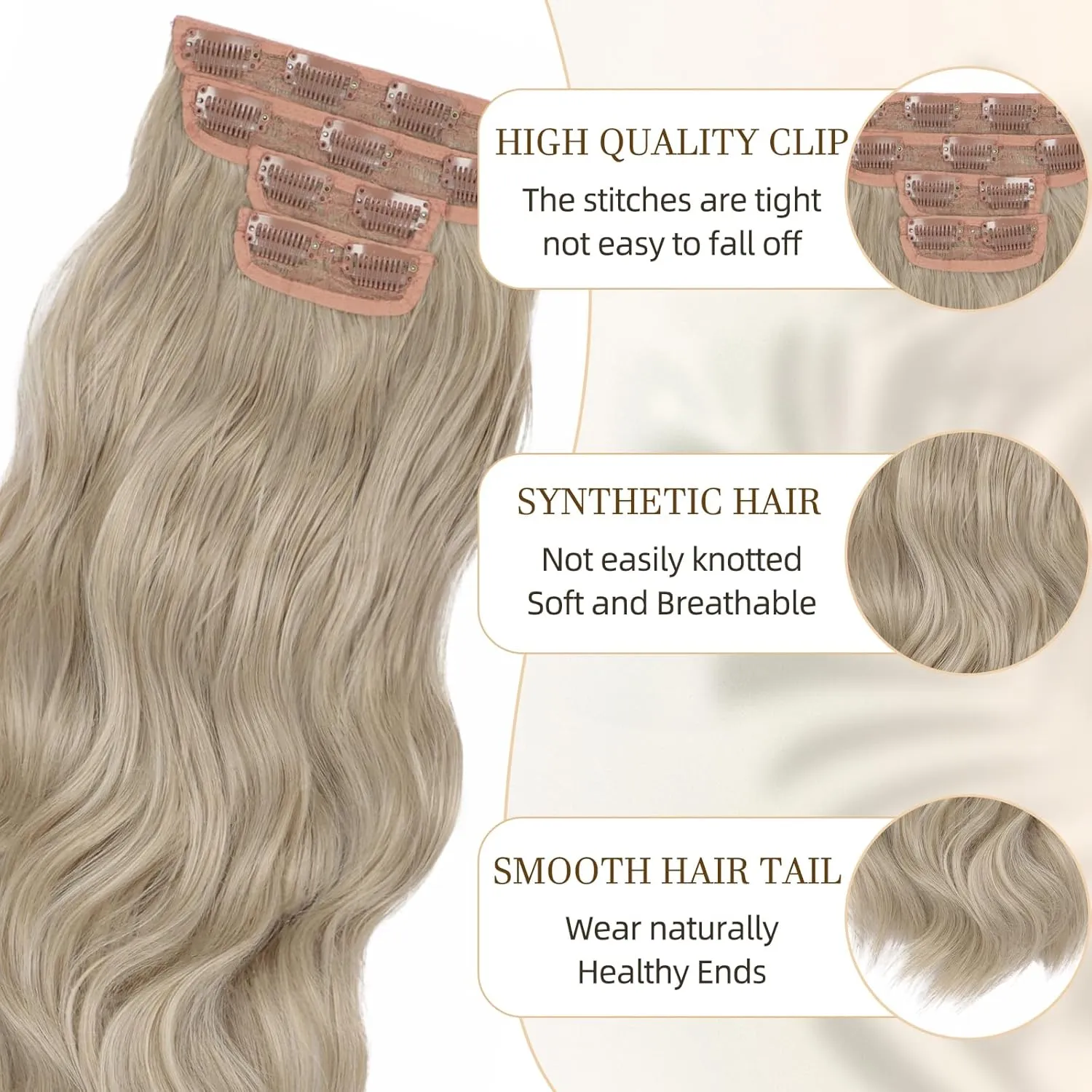 Vigorous Clip in Hair Extensions 4Pcs Ash Blonde Long Wavy Hair Extensions Clip Ins 20Inch Soft and Natural Synthetic Hairpieces for Women