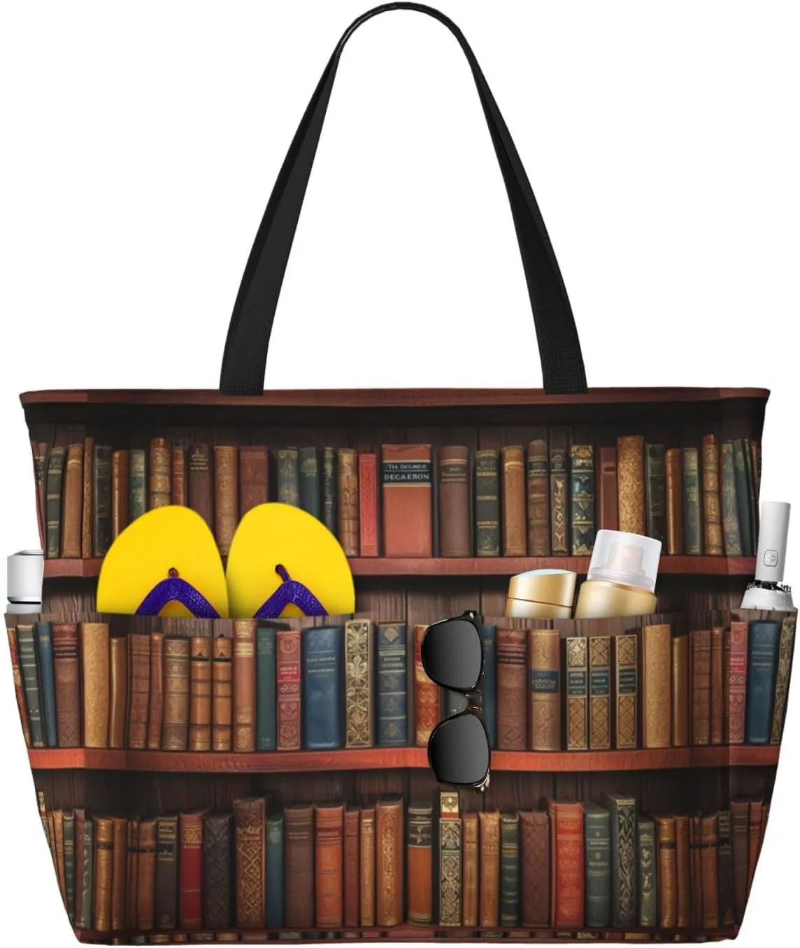 Vintage Antique Bookshelf Print 28L Large Beach Tote Bag, 7 Pockets Waterproof Travel Shoulder Bag, Gym Oversized Tote