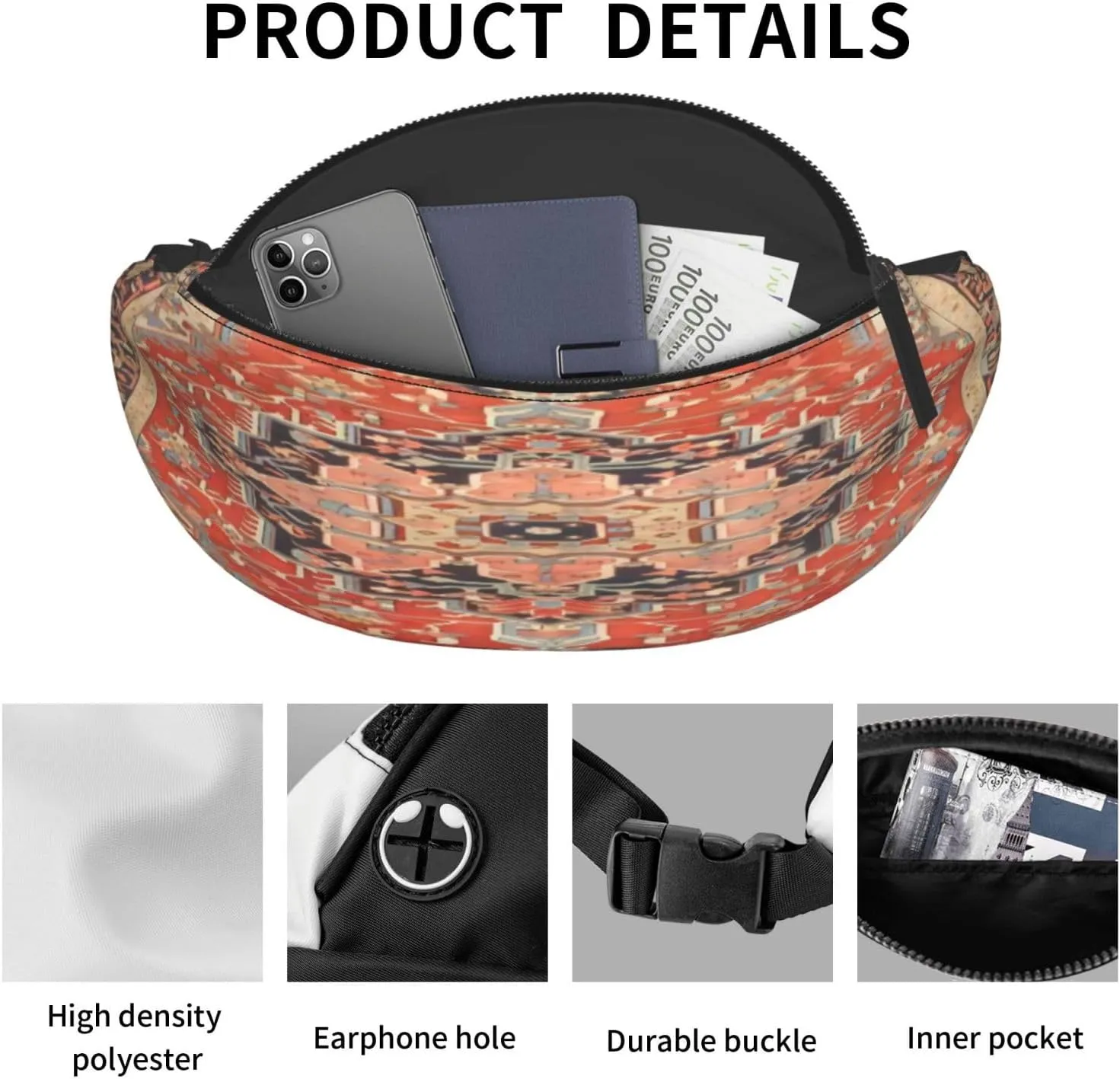 Vintage Antique Oriental Turkish Persian Waist Packs Unisex Adjustable Shoulder Strap Messenger Bag Sports Travel Running Leisure Waist Bag