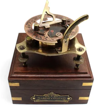 Vintage Brass Sundial Compass – 2.5-Inch Antique Maritime Compass with Adjustable Screw Legs | Nautical Décor & Collectible for Hiking Touring, with Wooden Box