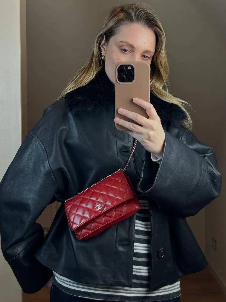 Vintage Chanel Red Lambskin Leather Wallet On Chain