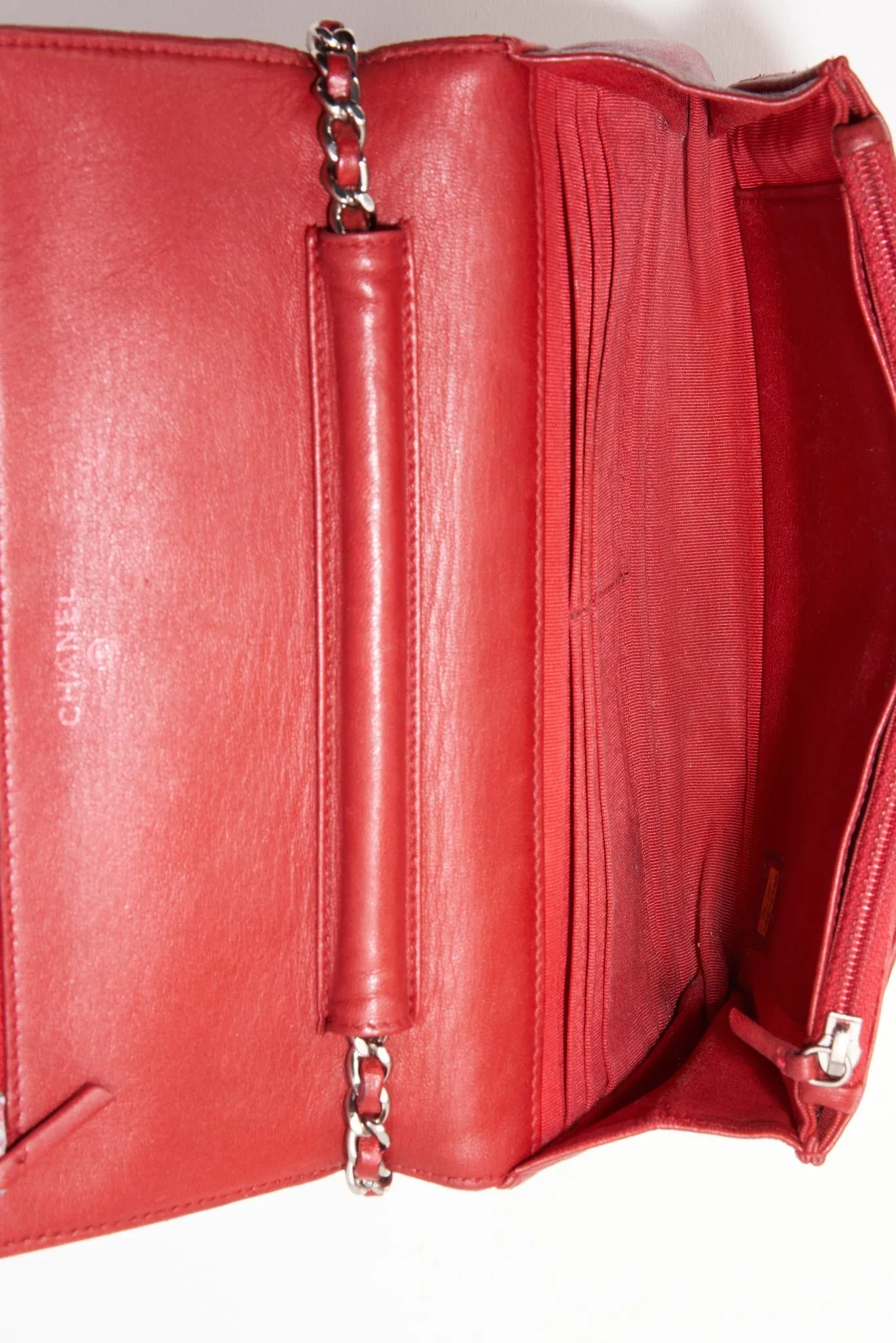 Vintage Chanel Red Lambskin Leather Wallet On Chain