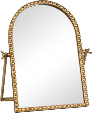 Vintage Desk Makeup Mirror, 11.8" L x 7.9" W Antique Gold Vanity Table Mirror, Metal Framed Arched Small Standing Mirror with Beaded, 360 Adjustable Rotation for Tabletop, Bedroom