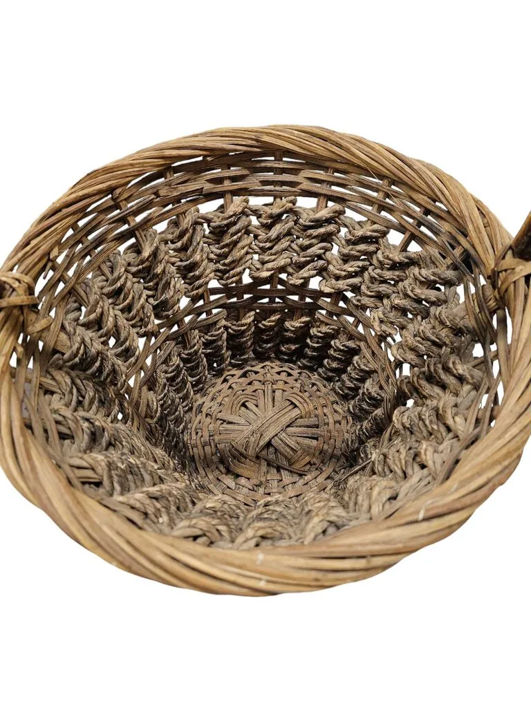 Vintage Round Wicker Split Bamboo Basket Woven Solid Handle ~ 11W x 15H