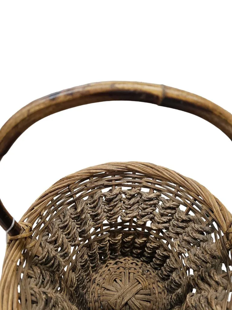 Vintage Round Wicker Split Bamboo Basket Woven Solid Handle ~ 11W x 15H
