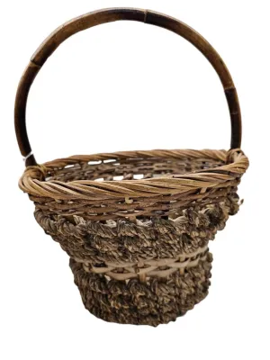 Vintage Round Wicker Split Bamboo Basket Woven Solid Handle ~ 11W x 15H