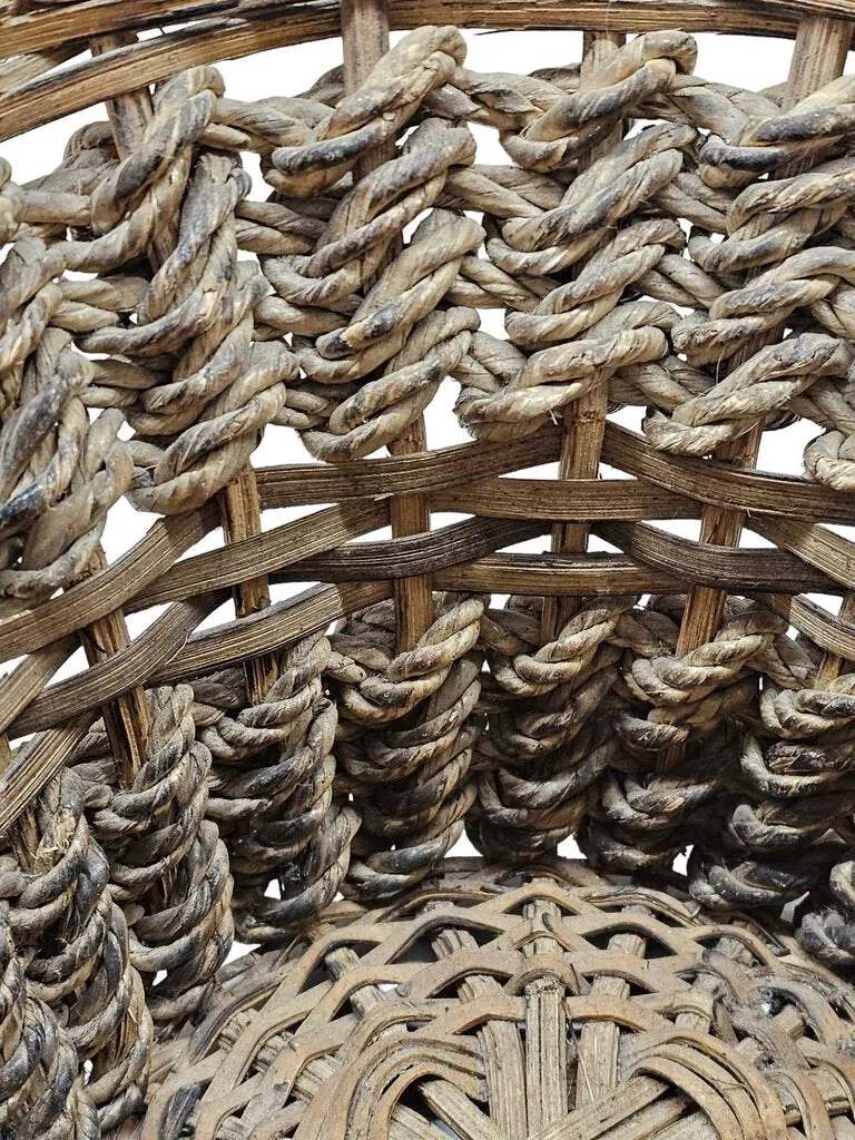 Vintage Round Wicker Split Bamboo Basket Woven Solid Handle ~ 11W x 15H