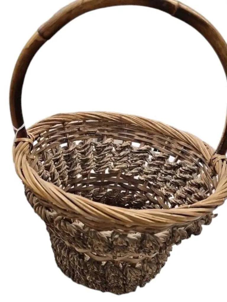 Vintage Round Wicker Split Bamboo Basket Woven Solid Handle ~ 11W x 15H