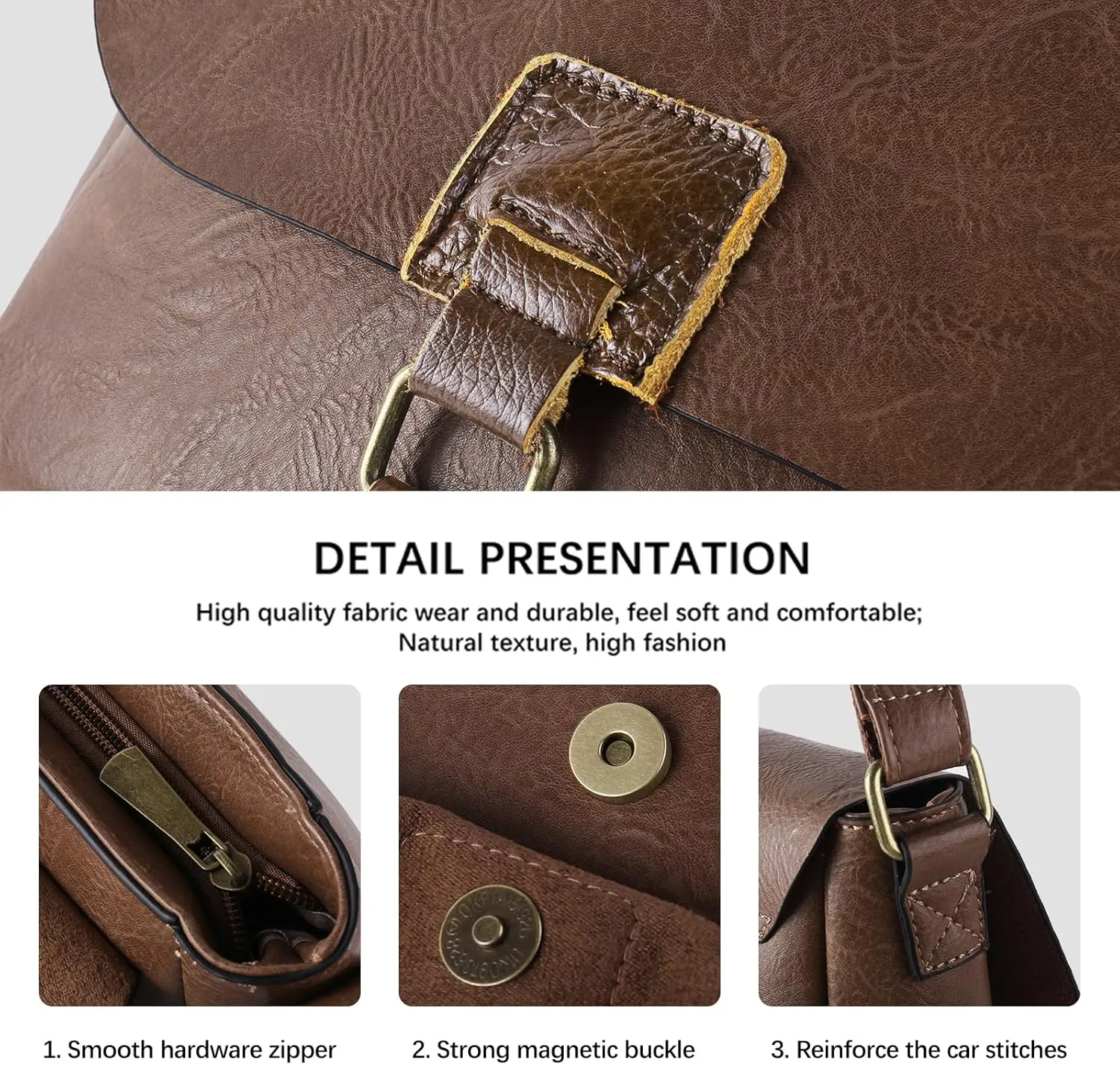 Vintage Style Vegan Leather Crossbody Bag, Brown Shoulder Purse with Built-in Wallet