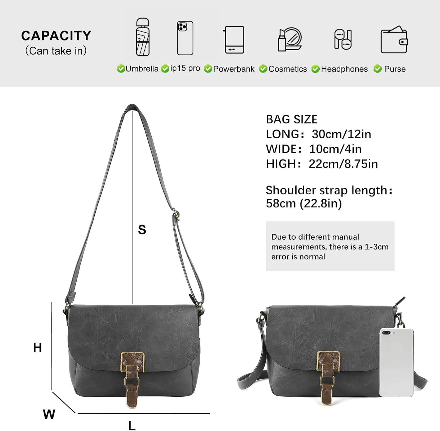 Vintage Style Vegan Leather Crossbody Bag, Brown Shoulder Purse with Built-in Wallet
