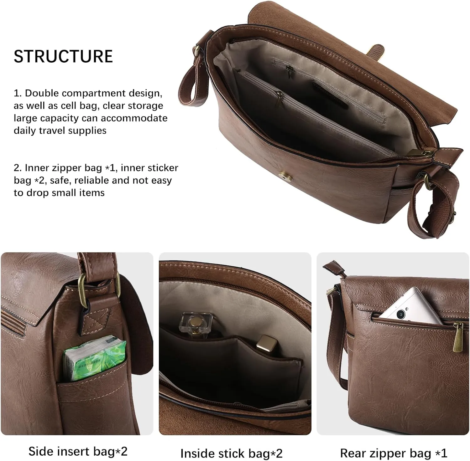 Vintage Style Vegan Leather Crossbody Bag, Brown Shoulder Purse with Built-in Wallet