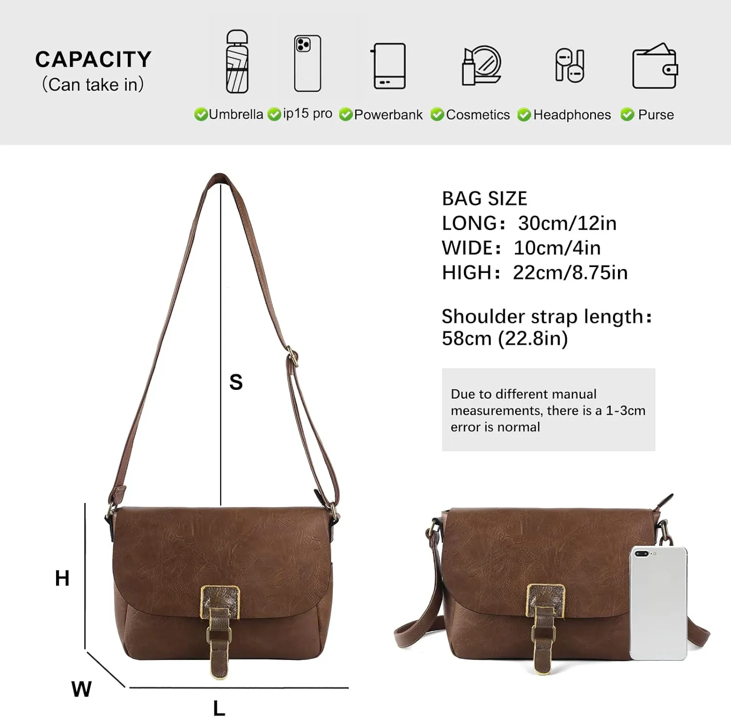 Vintage Style Vegan Leather Crossbody Bag, Brown Shoulder Purse with Built-in Wallet