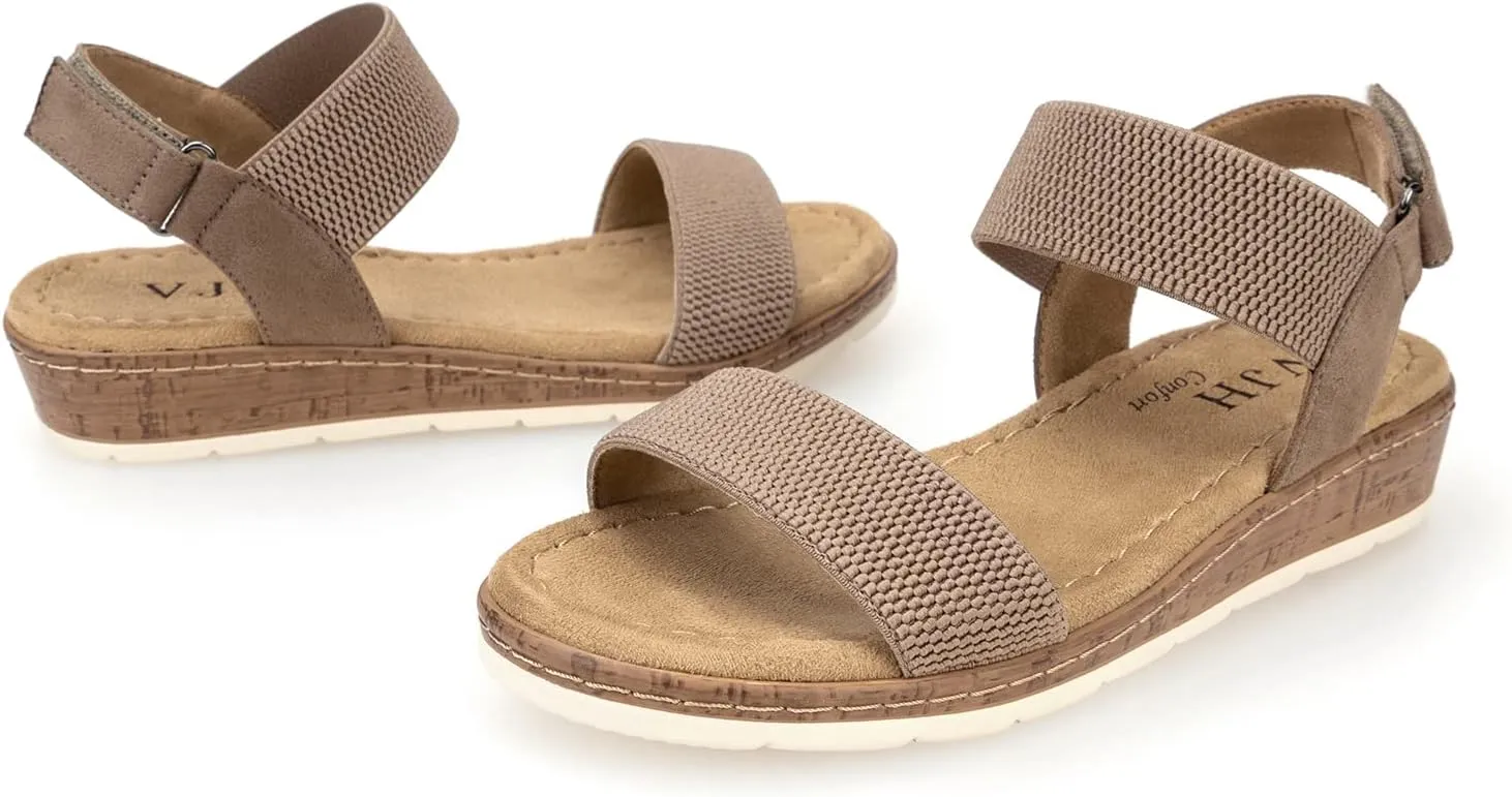 VJH confort Women’s Flat Sandals Open Toe Elastic Ankle Strap Slip on Comfy Low Wedge Sandals