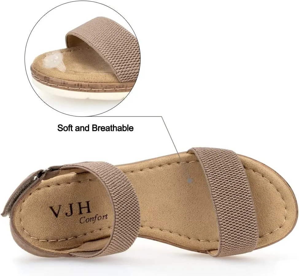 VJH confort Women’s Flat Sandals Open Toe Elastic Ankle Strap Slip on Comfy Low Wedge Sandals