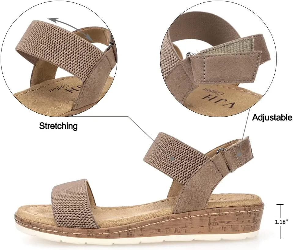 VJH confort Women’s Flat Sandals Open Toe Elastic Ankle Strap Slip on Comfy Low Wedge Sandals