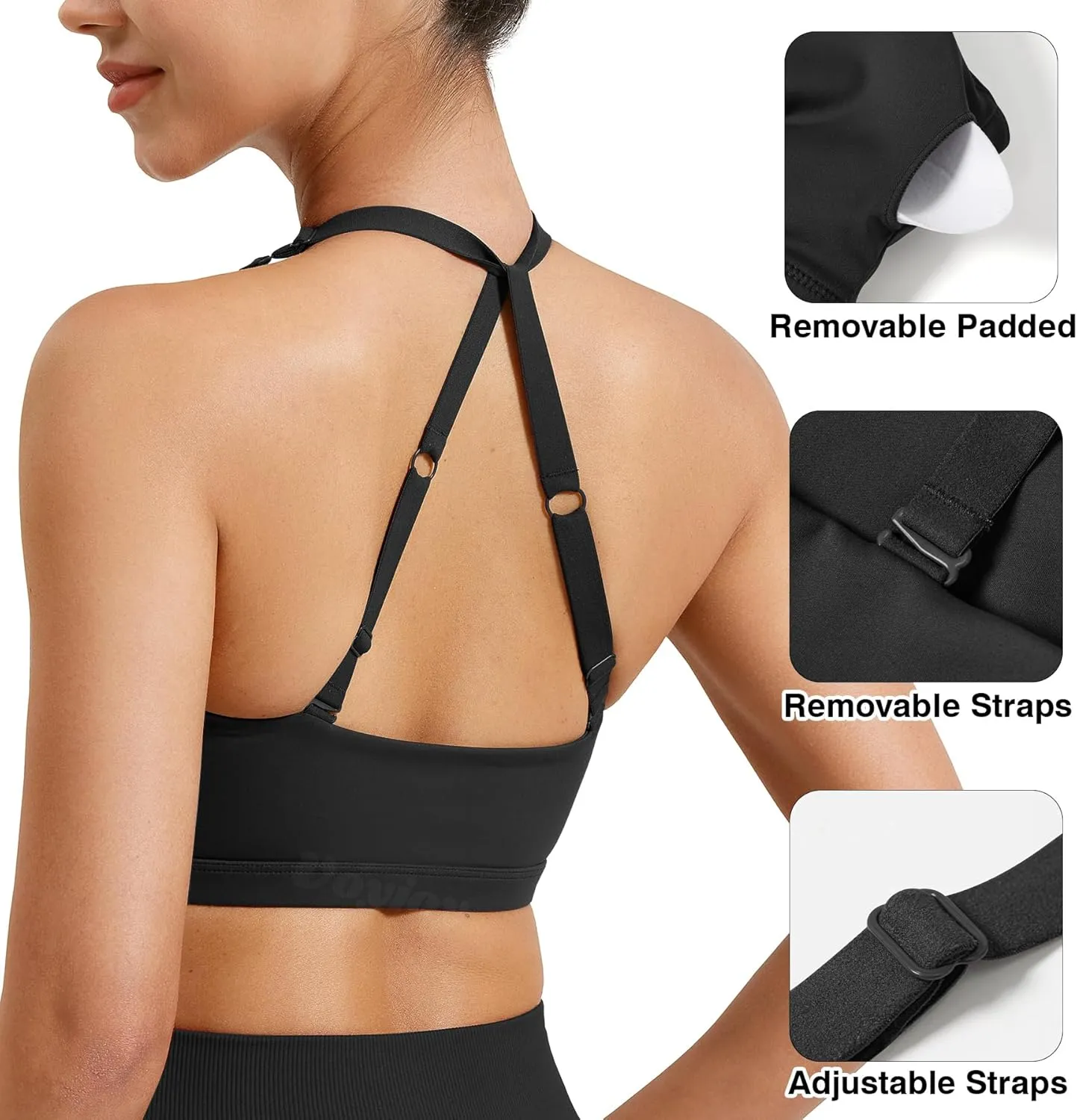 VOYJOY Workout Sports Bras for Women Padded Backless Strappy Fitness Wireless Gym Medium Impact Bra Yoga Crop Top