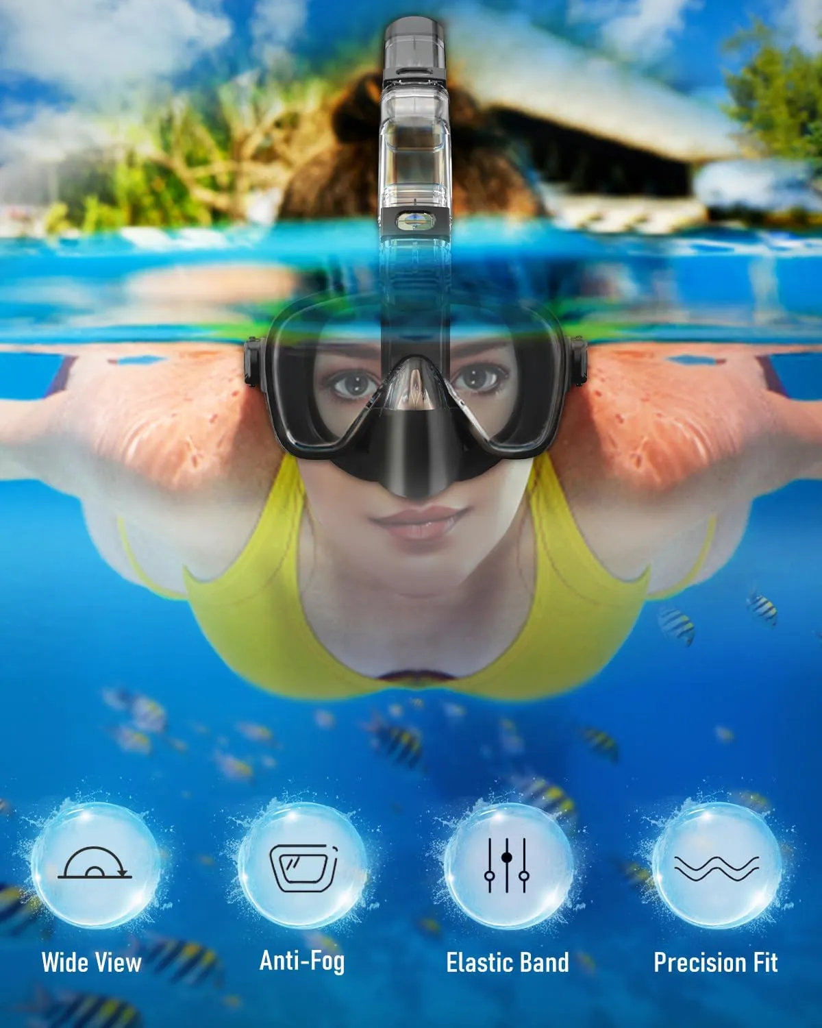 W WSTOO Multifunctional Snorkel Swim Mask That Allows You to Breathe Through Your Nose, 180 Degree Panoramic View, Anti-Fog Anti-Leak Snorkeling Gear for Adults, Best Gift for Summer Holiday Travelers