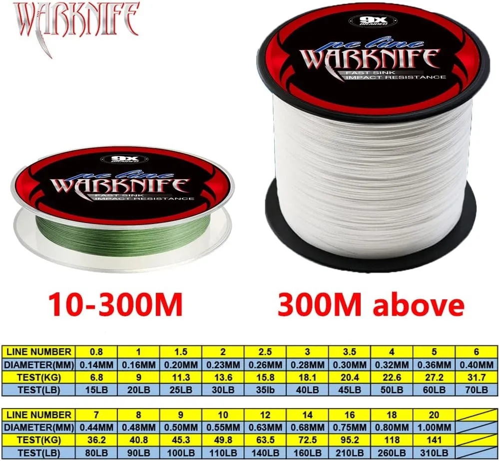 Warknife 9 Strand Braided Fishing Line Round Round Round - Zero Stretch, Low Memory, 0.14-1MM/15-310LB/100-2000M Extra Long Sea Fishing, Lake Fishing, River Fishing, Saltwater, Round UHMWPE Fiber Fishing Line