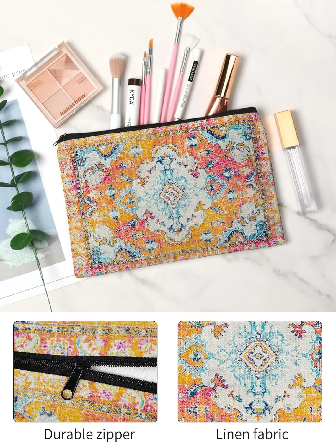 Watbro 2Pcs Antique Ethnic Canvas Tote Bag & Make Up Bag Aesthetic for Women,Boho Vintage Reusable Cloth Cotton Bags