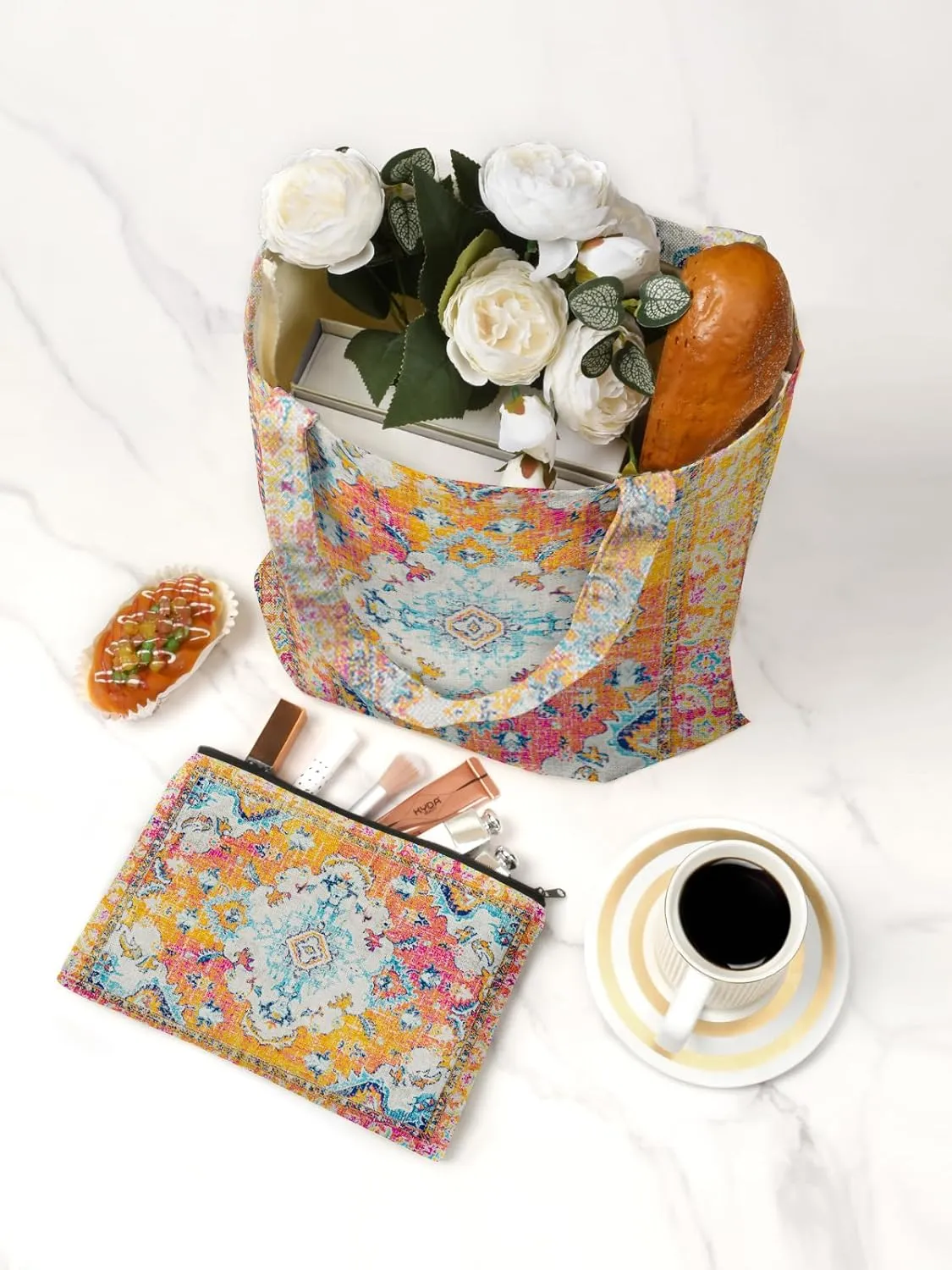 Watbro 2Pcs Antique Ethnic Canvas Tote Bag & Make Up Bag Aesthetic for Women,Boho Vintage Reusable Cloth Cotton Bags