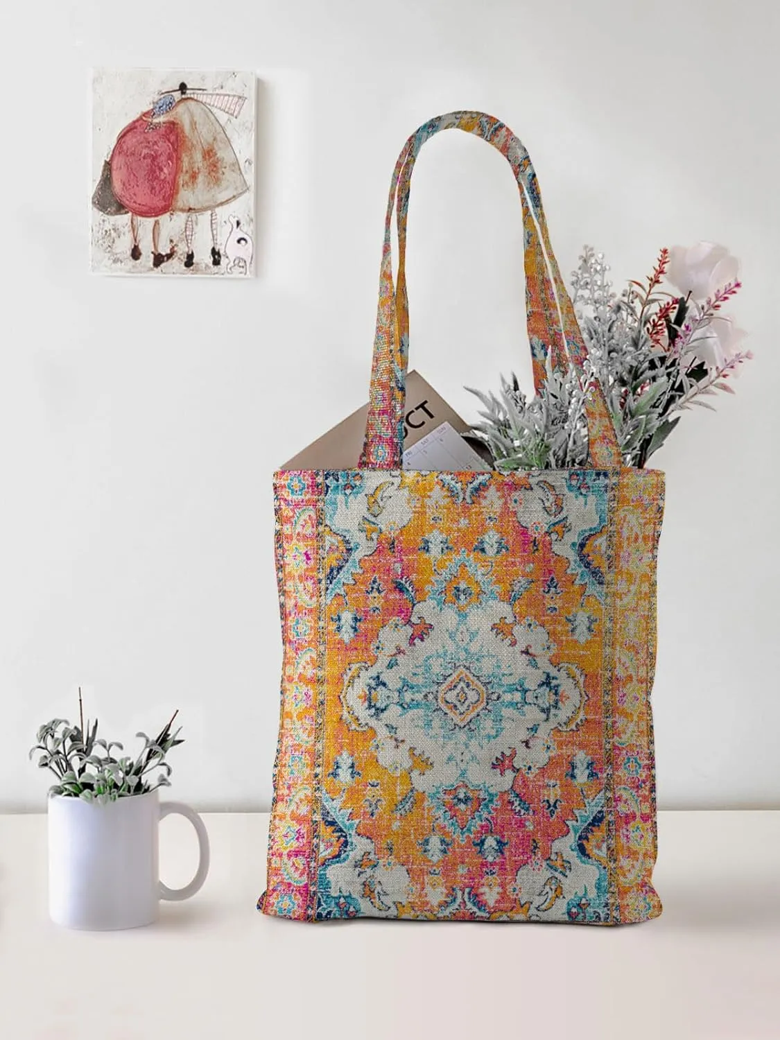 Watbro 2Pcs Antique Ethnic Canvas Tote Bag & Make Up Bag Aesthetic for Women,Boho Vintage Reusable Cloth Cotton Bags