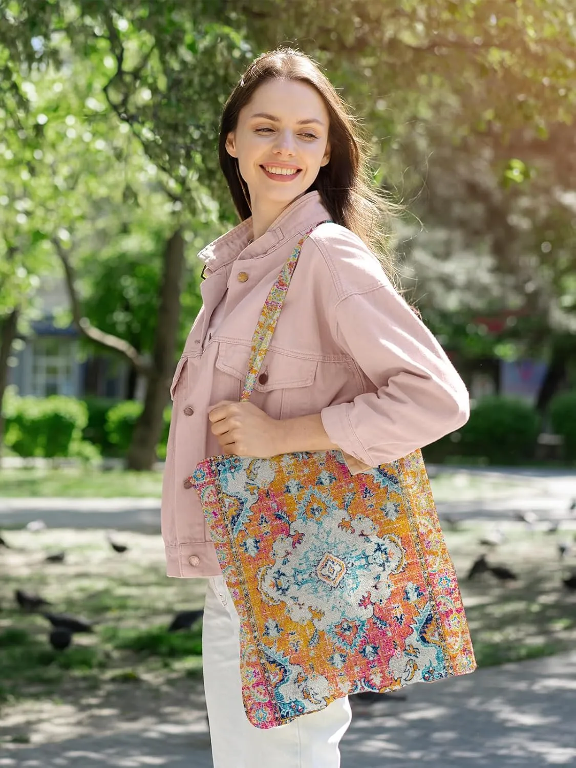 Watbro 2Pcs Antique Ethnic Canvas Tote Bag & Make Up Bag Aesthetic for Women,Boho Vintage Reusable Cloth Cotton Bags
