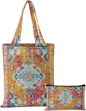 Watbro 2Pcs Antique Ethnic Canvas Tote Bag & Make Up Bag Aesthetic for Women,Boho Vintage Reusable Cloth Cotton Bags