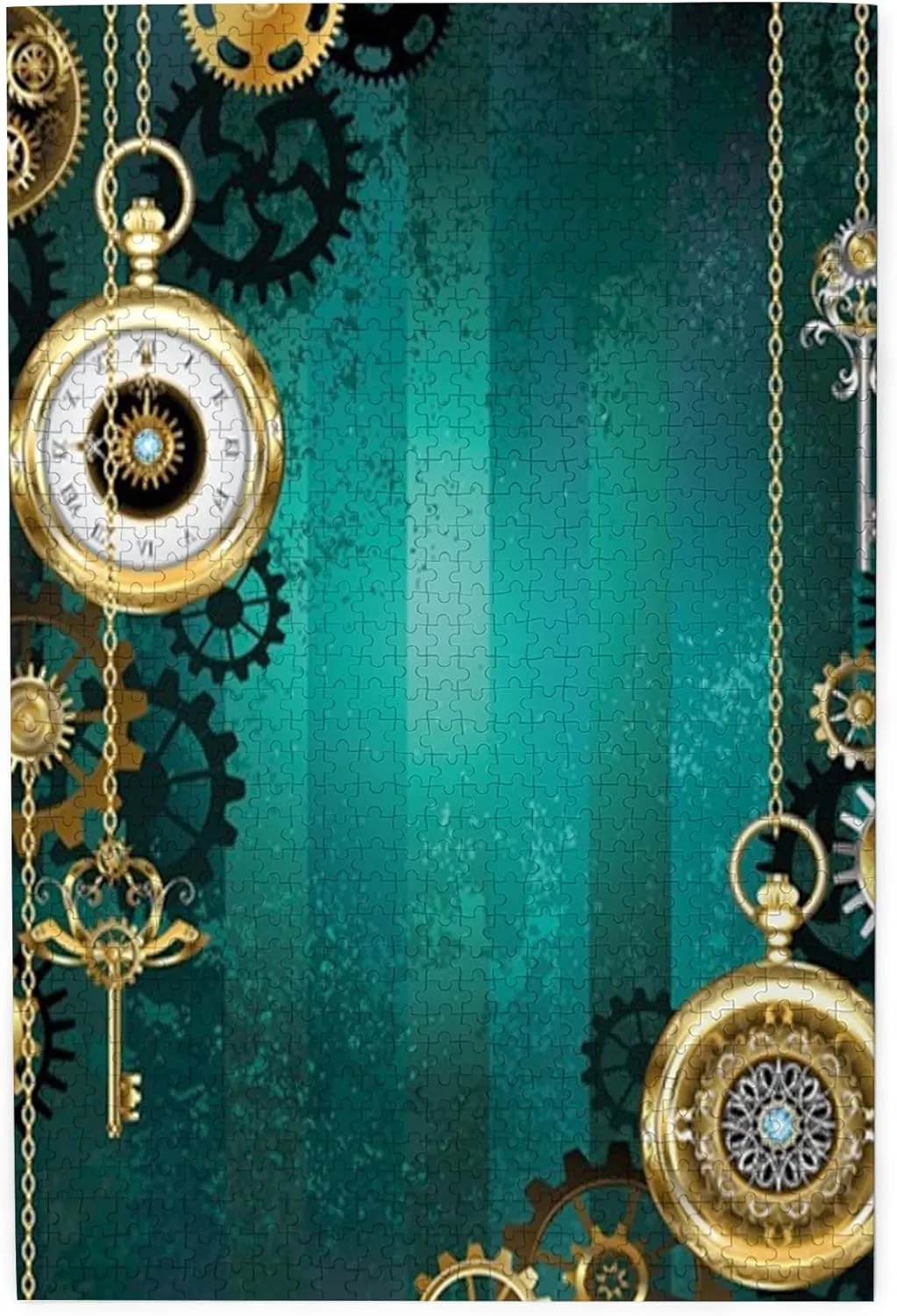 Watches and Chains,Wooden Jigsaw Puzzle Featuring a Colorful Illustration,Antique Items Watches Keys and Chains,Thick Sturdy Pieces,Great Gift Idea,Golden Green Plastic Box Storage 1000PCS