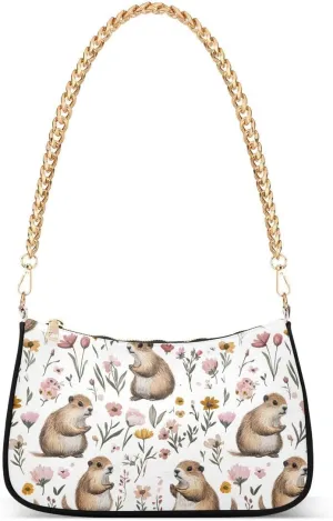 Watercolor Groundhog Flower Blossom Tote Bag Shoulder Bag Hobo Handbag for Women Ladies Mini Clutch Purse with Zipper Closure