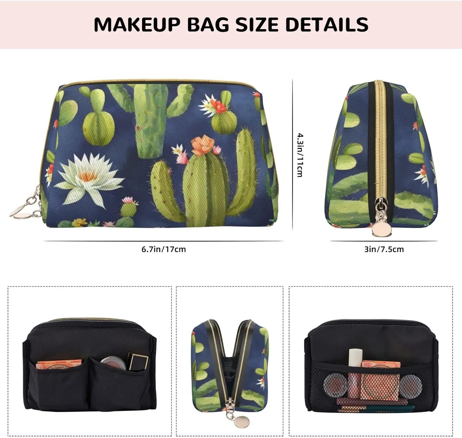 Watercolour Cactus Toiletry Pouch, Travel-Friendly Makeup Organizer For Makeup Brushes, Lipsticks