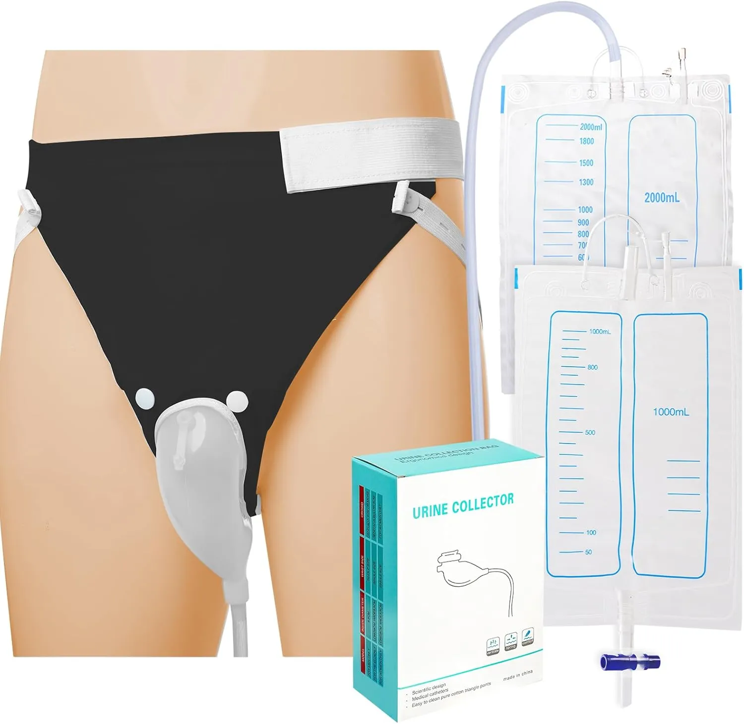 Wearable Urinal Bag with Reusable Silicone Catheter, 2000ml & 1000ml External Urine Collection Bags Portable and Leak-Proof Design for Elderly Men Black