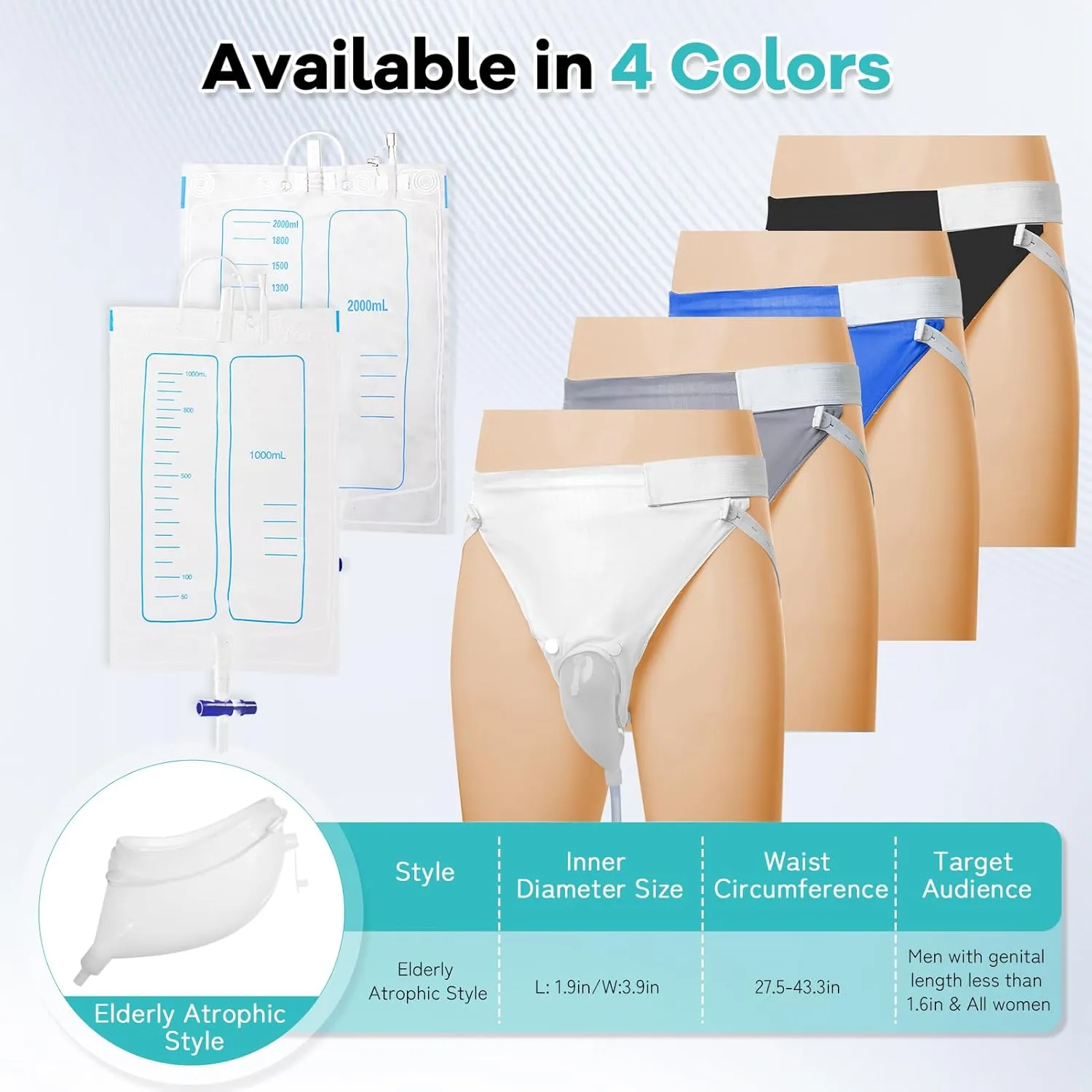 Wearable Urinal Bag with Reusable Silicone Catheter, 2000ml & 1000ml External Urine Collection Bags Portable and Leak-Proof Design for Elderly Men Black