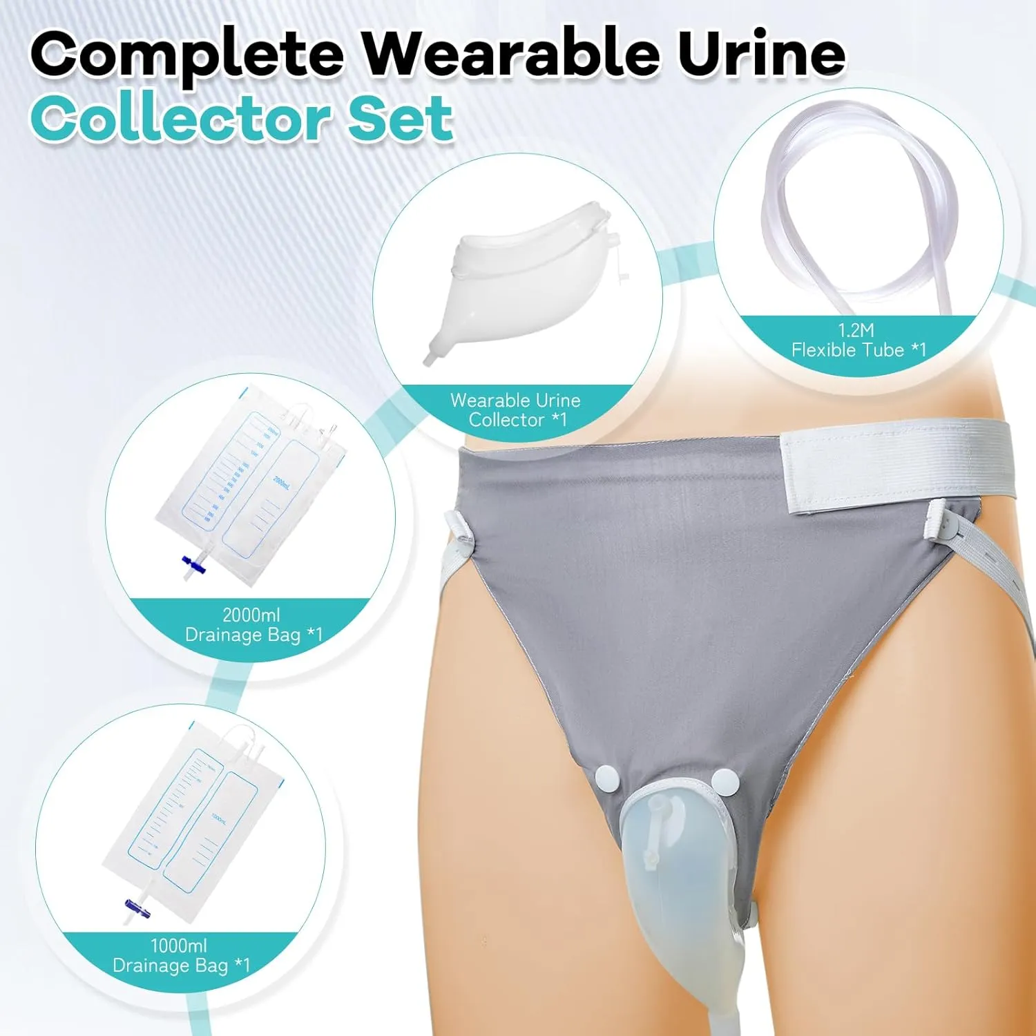 Wearable Urinal Bag with Reusable Silicone Catheter, 2000ml & 1000ml External Urine Collection Bags Portable and Leak-Proof Design for Elderly Men Black